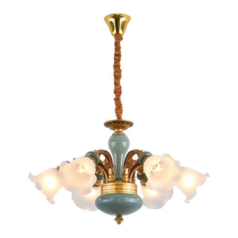 Gold 6/8/10-Bulb Ceiling Suspension Lamp Retro Style Cream Glass Blossom Shaped Chandelier Lighting Clearhalo 'Ceiling Lights' 'Chandeliers' Lighting' options 1221206