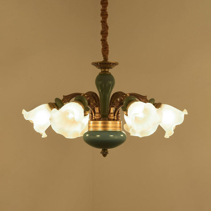 Gold 6/8/10-Bulb Ceiling Suspension Lamp Retro Style Cream Glass Blossom Shaped Chandelier Lighting Clearhalo 'Ceiling Lights' 'Chandeliers' Lighting' options 1221207