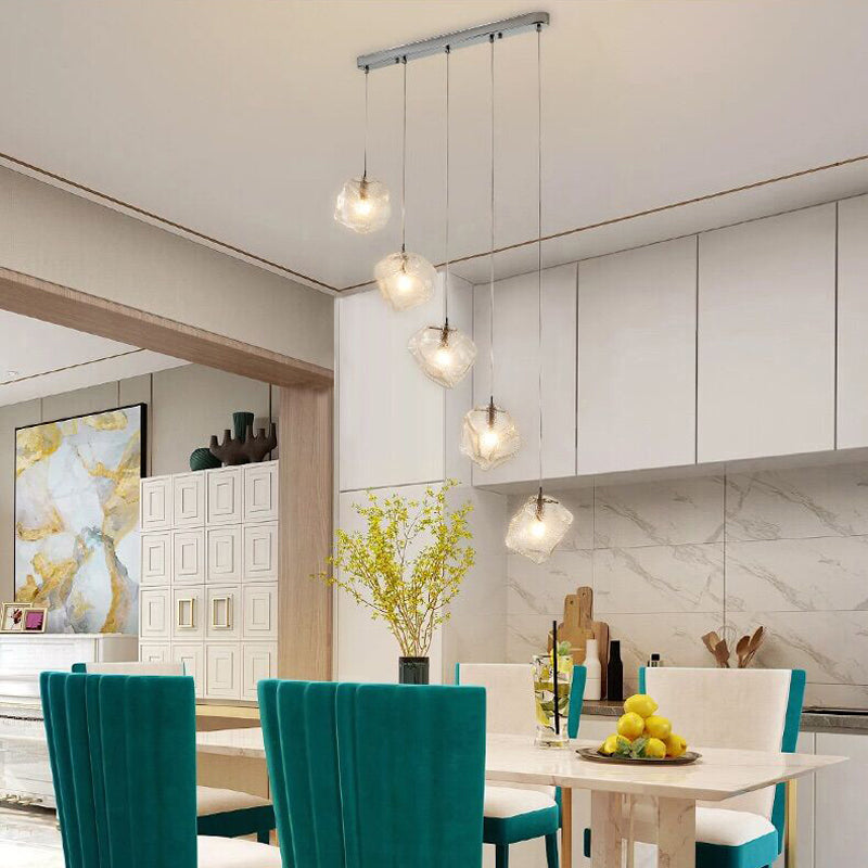 Rock Clear Glass Cluster Pendant Contemporary 5/6/8 Lights White Led Hanging Light Fixture with Round/Linear Canopy Clearhalo 'Ceiling Lights' 'Glass shade' 'Glass' 'Modern Pendants' 'Modern' 'Pendant Lights' 'Pendants' Lighting' 122121