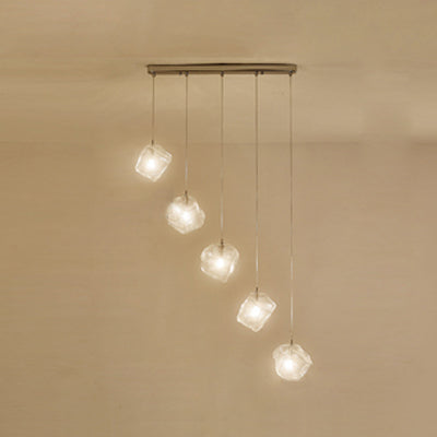 Rock Clear Glass Cluster Pendant Contemporary 5/6/8 Lights White Led Hanging Light Fixture with Round/Linear Canopy 5 Clear Linear Clearhalo 'Ceiling Lights' 'Glass shade' 'Glass' 'Modern Pendants' 'Modern' 'Pendant Lights' 'Pendants' Lighting' 122122