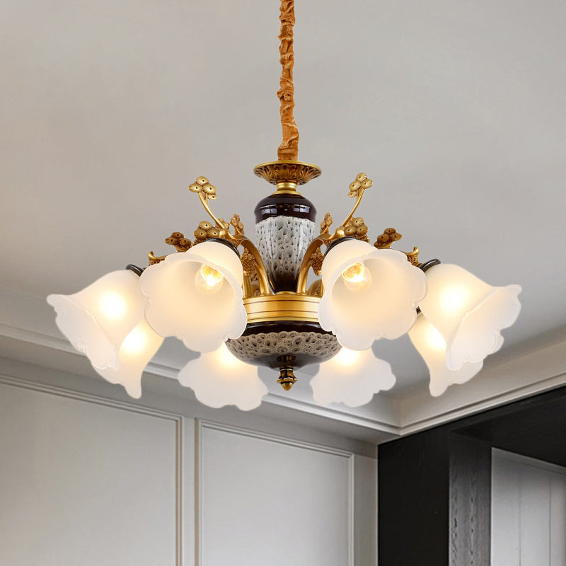 Antique Swooping Arm Chandelier Light 6/8/10 Bulbs Metal Ceiling Lamp in Black-Gold with Blossom Opal Glass Shade Clearhalo 'Ceiling Lights' 'Chandeliers' Lighting' options 1221220