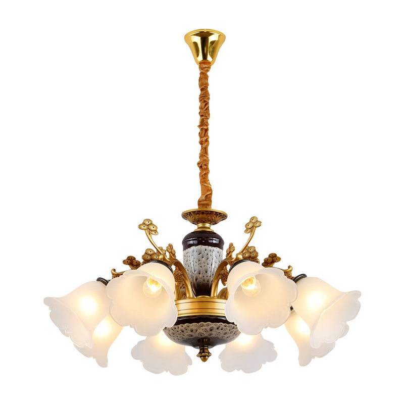 Antique Swooping Arm Chandelier Light 6/8/10 Bulbs Metal Ceiling Lamp in Black-Gold with Blossom Opal Glass Shade Clearhalo 'Ceiling Lights' 'Chandeliers' Lighting' options 1221222