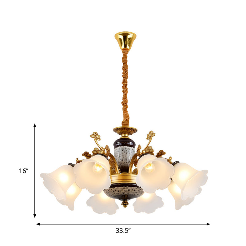 Antique Swooping Arm Chandelier Light 6/8/10 Bulbs Metal Ceiling Lamp in Black-Gold with Blossom Opal Glass Shade Clearhalo 'Ceiling Lights' 'Chandeliers' Lighting' options 1221223