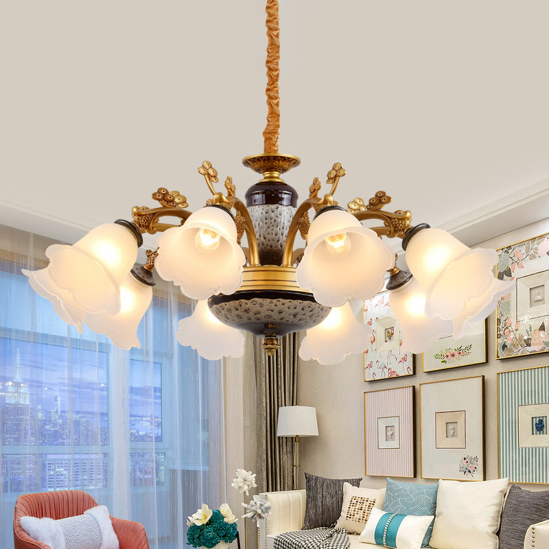 Antique Swooping Arm Chandelier Light 6/8/10 Bulbs Metal Ceiling Lamp in Black-Gold with Blossom Opal Glass Shade Clearhalo 'Ceiling Lights' 'Chandeliers' Lighting' options 1221224