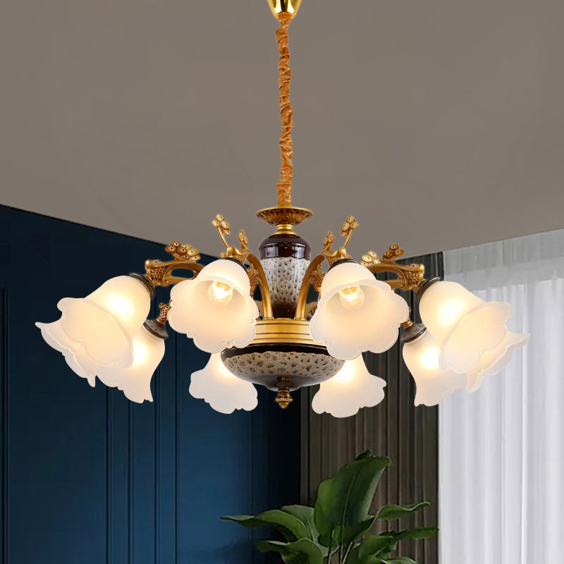 Antique Swooping Arm Chandelier Light 6/8/10 Bulbs Metal Ceiling Lamp in Black-Gold with Blossom Opal Glass Shade Clearhalo 'Ceiling Lights' 'Chandeliers' Lighting' options 1221225