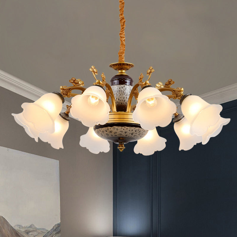 Antique Swooping Arm Chandelier Light 6/8/10 Bulbs Metal Ceiling Lamp in Black-Gold with Blossom Opal Glass Shade Clearhalo 'Ceiling Lights' 'Chandeliers' Lighting' options 1221226