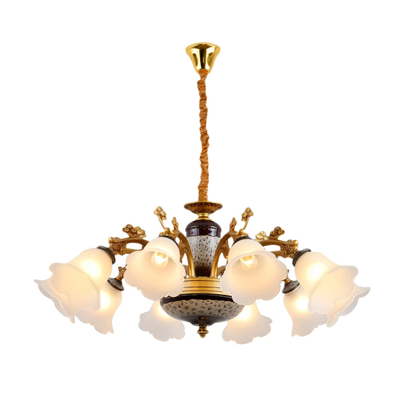 Antique Swooping Arm Chandelier Light 6/8/10 Bulbs Metal Ceiling Lamp in Black-Gold with Blossom Opal Glass Shade Clearhalo 'Ceiling Lights' 'Chandeliers' Lighting' options 1221227