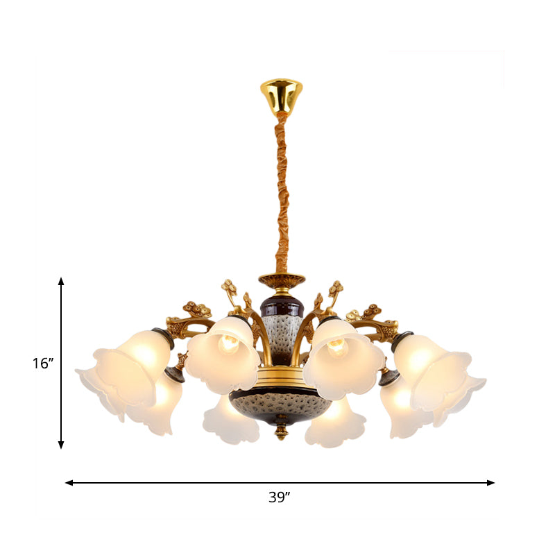 Antique Swooping Arm Chandelier Light 6/8/10 Bulbs Metal Ceiling Lamp in Black-Gold with Blossom Opal Glass Shade Clearhalo 'Ceiling Lights' 'Chandeliers' Lighting' options 1221228