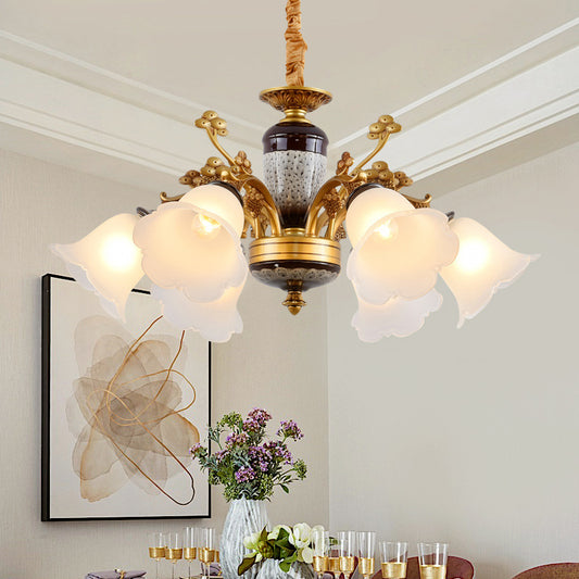 Antique Swooping Arm Chandelier Light 6/8/10 Bulbs Metal Ceiling Lamp in Black-Gold with Blossom Opal Glass Shade Clearhalo 'Ceiling Lights' 'Chandeliers' Lighting' options 1221229