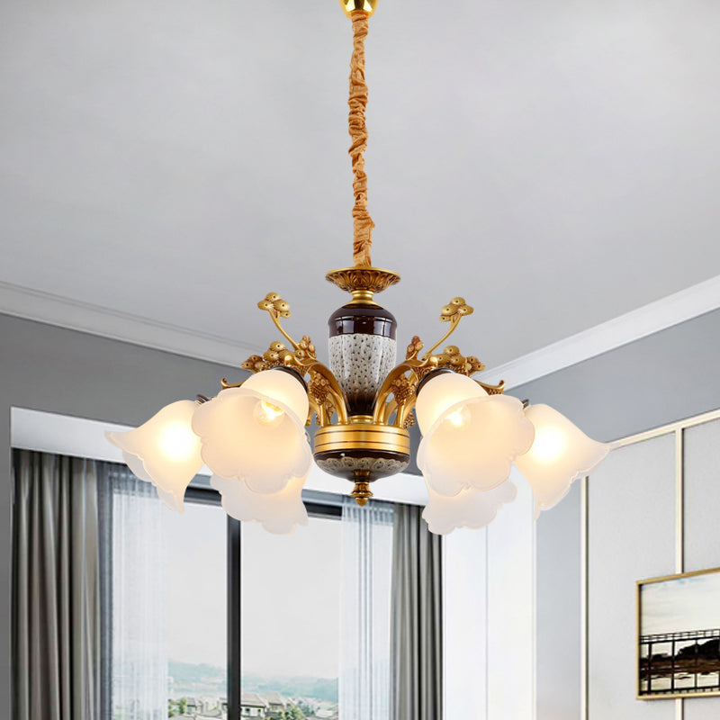 Antique Swooping Arm Chandelier Light 6/8/10 Bulbs Metal Ceiling Lamp in Black-Gold with Blossom Opal Glass Shade Clearhalo 'Ceiling Lights' 'Chandeliers' Lighting' options 1221230