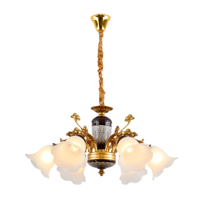 Antique Swooping Arm Chandelier Light 6/8/10 Bulbs Metal Ceiling Lamp in Black-Gold with Blossom Opal Glass Shade Clearhalo 'Ceiling Lights' 'Chandeliers' Lighting' options 1221231