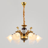 Antique Swooping Arm Chandelier Light 6/8/10 Bulbs Metal Ceiling Lamp in Black-Gold with Blossom Opal Glass Shade Clearhalo 'Ceiling Lights' 'Chandeliers' Lighting' options 1221232