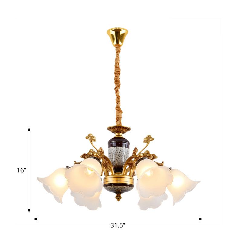 Antique Swooping Arm Chandelier Light 6/8/10 Bulbs Metal Ceiling Lamp in Black-Gold with Blossom Opal Glass Shade Clearhalo 'Ceiling Lights' 'Chandeliers' Lighting' options 1221233