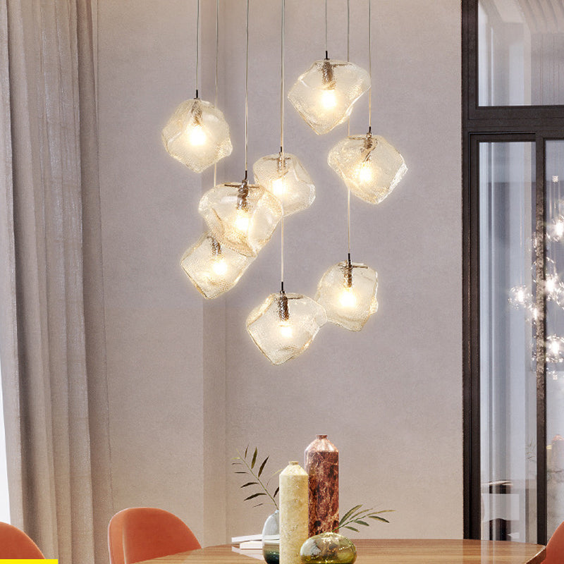 Rock Clear Glass Cluster Pendant Contemporary 5/6/8 Lights White Led Hanging Light Fixture with Round/Linear Canopy Clearhalo 'Ceiling Lights' 'Glass shade' 'Glass' 'Modern Pendants' 'Modern' 'Pendant Lights' 'Pendants' Lighting' 122125