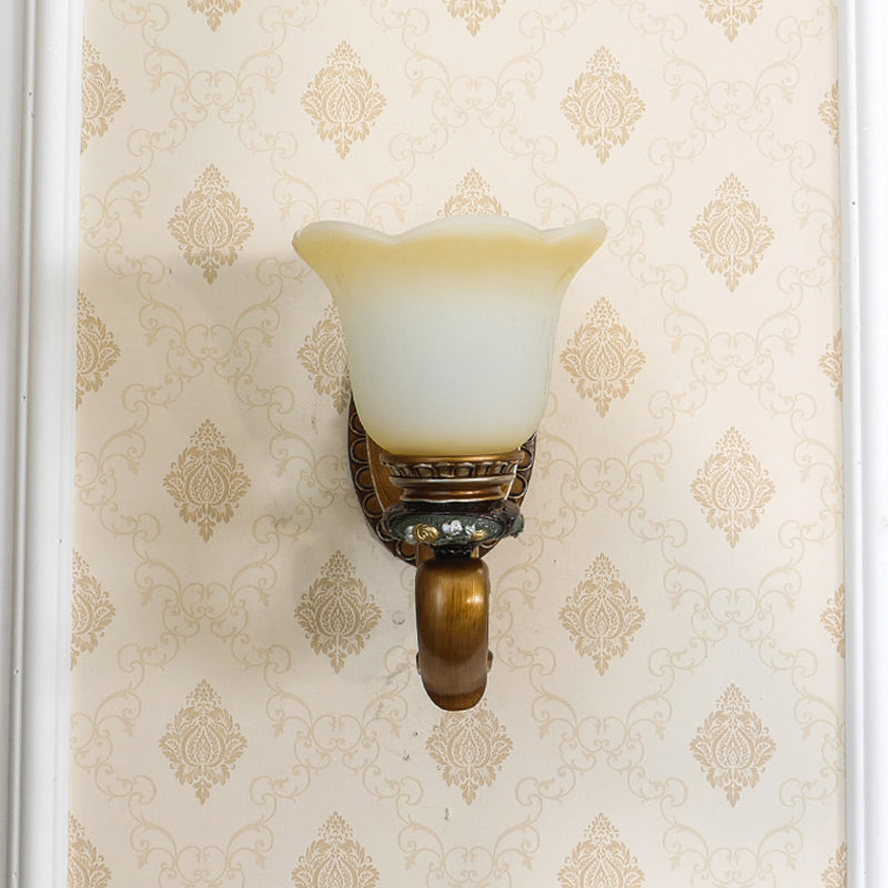 Antique Blossom Shade Wall Lamp 1/2-Light Faceted Crystal Sconce Light Fixture in Brown for Bedroom Clearhalo 'Wall Lamps & Sconces' 'Wall Lights' Lighting' 1221251