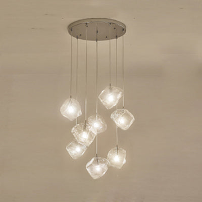 Rock Clear Glass Cluster Pendant Contemporary 5/6/8 Lights White Led Hanging Light Fixture with Round/Linear Canopy 8 Clear Round Clearhalo 'Ceiling Lights' 'Glass shade' 'Glass' 'Modern Pendants' 'Modern' 'Pendant Lights' 'Pendants' Lighting' 122126