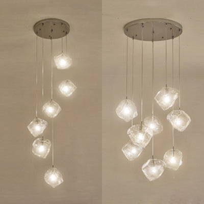 Rock Clear Glass Cluster Pendant Contemporary 5/6/8 Lights White Led Hanging Light Fixture with Round/Linear Canopy Clearhalo 'Ceiling Lights' 'Glass shade' 'Glass' 'Modern Pendants' 'Modern' 'Pendant Lights' 'Pendants' Lighting' 122128