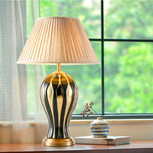 Black-Gold Vase Design Base Desk Light Retro Porcelain 1 Light Study Room Night Table Lamp with Conic Fabric Shade Black-Gold Clearhalo 'Lamps' 'Table Lamps' Lighting' 1221393