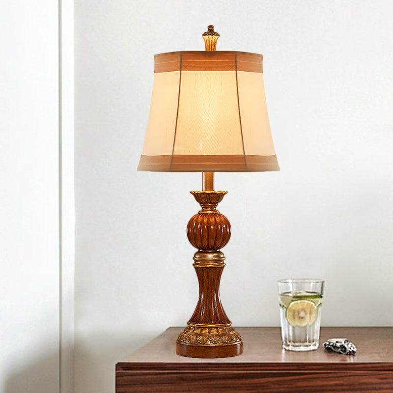Brown Baluster Base Desk Light Vintage Resin 1 Bulb Study Room Night Stand Lamp with Fabric Shade Brown Clearhalo 'Lamps' 'Table Lamps' Lighting' 1221553