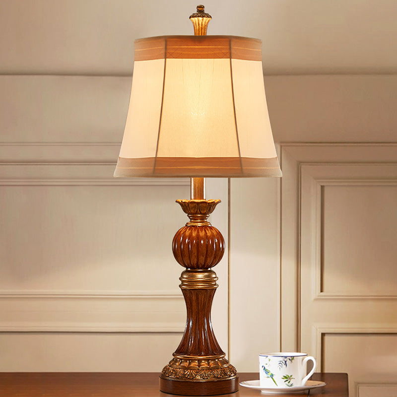 Brown Baluster Base Desk Light Vintage Resin 1 Bulb Study Room Night Stand Lamp with Fabric Shade Clearhalo 'Lamps' 'Table Lamps' Lighting' 1221554