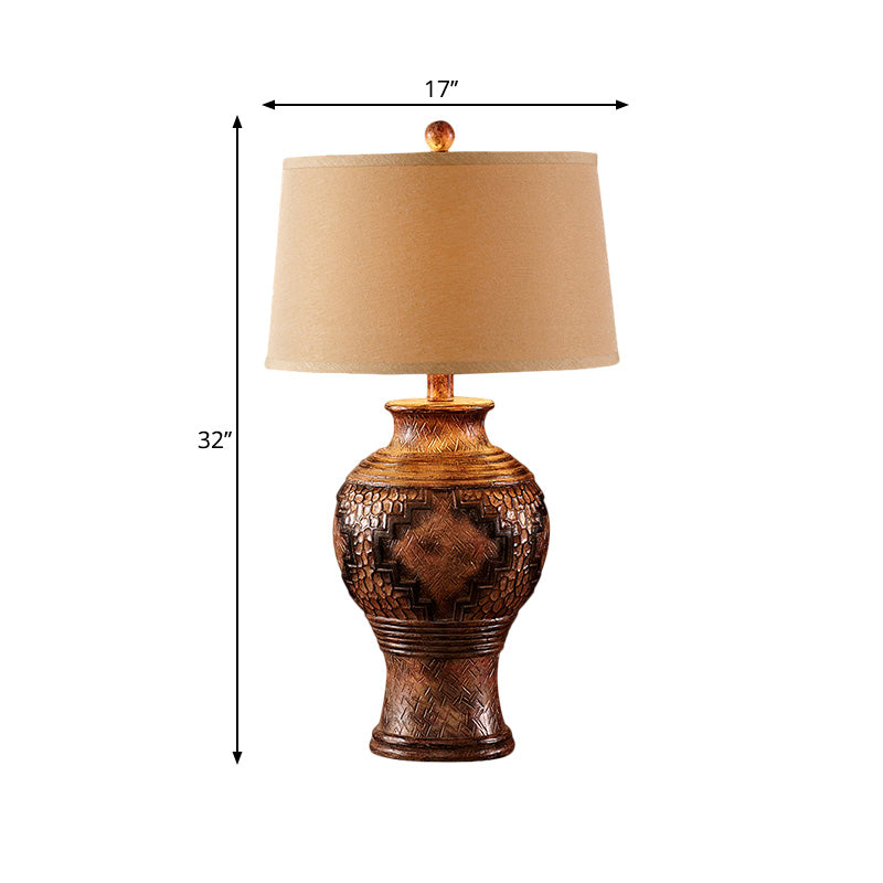 Brown Barrel Shade Desk Light Retro Style Fabric 1-Head Table Lamp with Vase-Shaped Base Clearhalo 'Lamps' 'Table Lamps' Lighting' 1221602