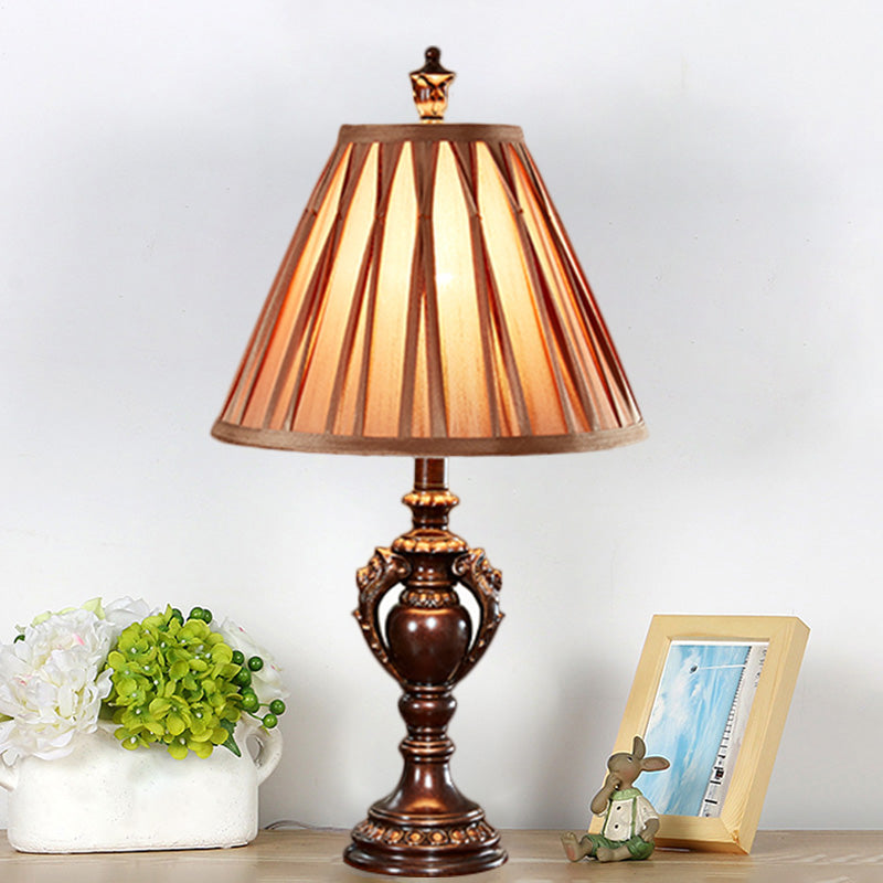 23"/27" High 1-Head Fabric Table Light Antique Style Brown Conical Shaped Living Room Nightstand Lamp Brown 23" Clearhalo 'Lamps' 'Table Lamps' Lighting' 1221669