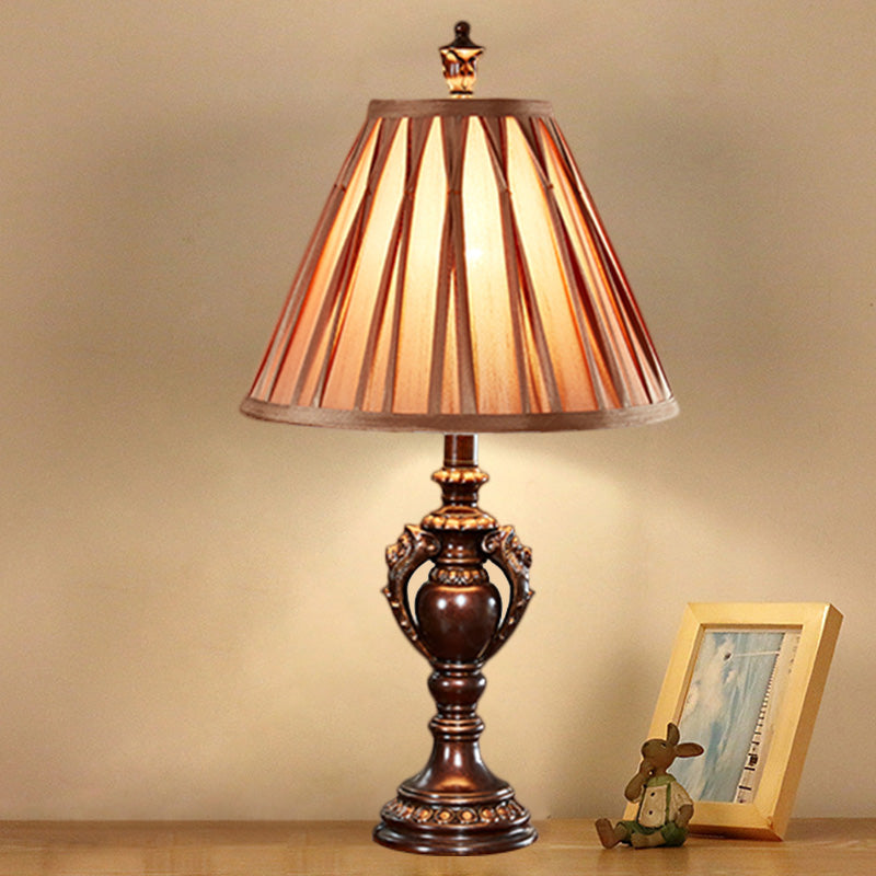 23"/27" High 1-Head Fabric Table Light Antique Style Brown Conical Shaped Living Room Nightstand Lamp Clearhalo 'Lamps' 'Table Lamps' Lighting' 1221670