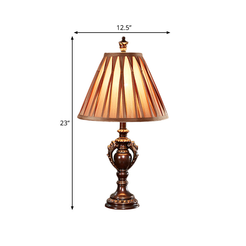 23"/27" High 1-Head Fabric Table Light Antique Style Brown Conical Shaped Living Room Nightstand Lamp Clearhalo 'Lamps' 'Table Lamps' Lighting' 1221672