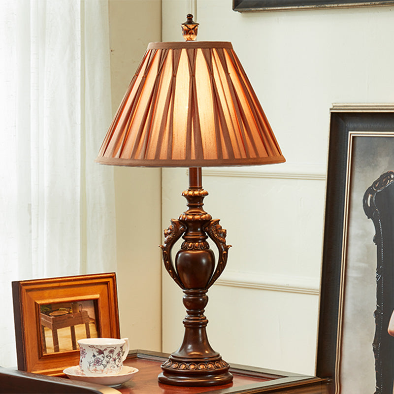 23"/27" High 1-Head Fabric Table Light Antique Style Brown Conical Shaped Living Room Nightstand Lamp Brown 27" Clearhalo 'Lamps' 'Table Lamps' Lighting' 1221673