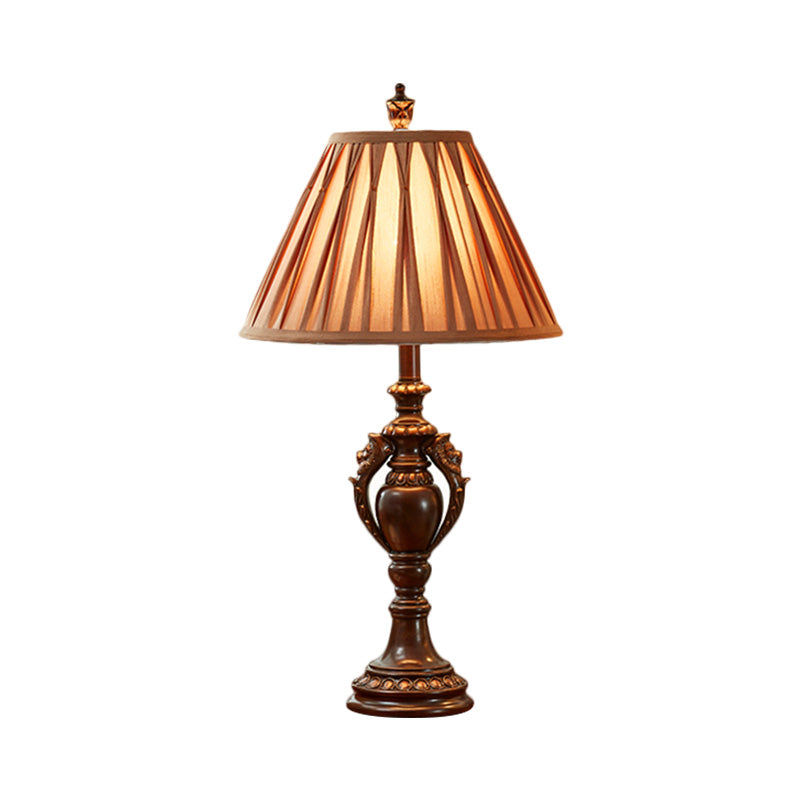 23"/27" High 1-Head Fabric Table Light Antique Style Brown Conical Shaped Living Room Nightstand Lamp Clearhalo 'Lamps' 'Table Lamps' Lighting' 1221676