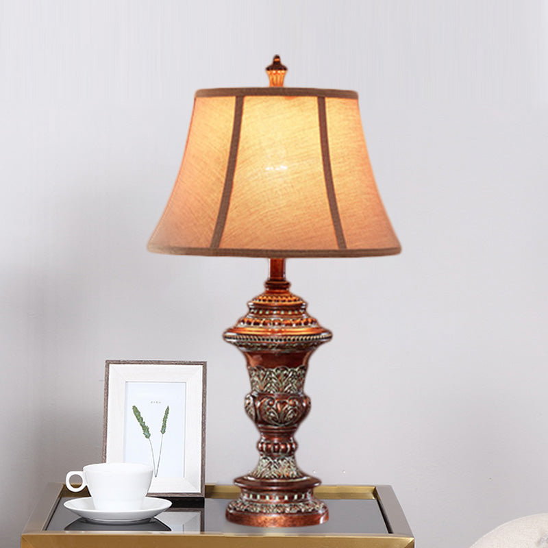 Vintage Style Bell Shade Nightstand Lamp 1 Bulb Fabric Desk Light in Red Brown with Urn-Shaped Base, 25"/29.5" H Red Brown 25" Clearhalo 'Lamps' 'Table Lamps' Lighting' 1221694