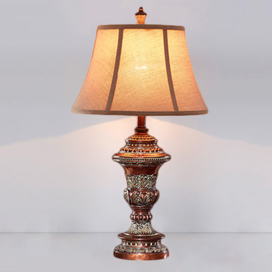 Vintage Style Bell Shade Nightstand Lamp 1 Bulb Fabric Desk Light in Red Brown with Urn-Shaped Base, 25"/29.5" H Clearhalo 'Lamps' 'Table Lamps' Lighting' 1221695