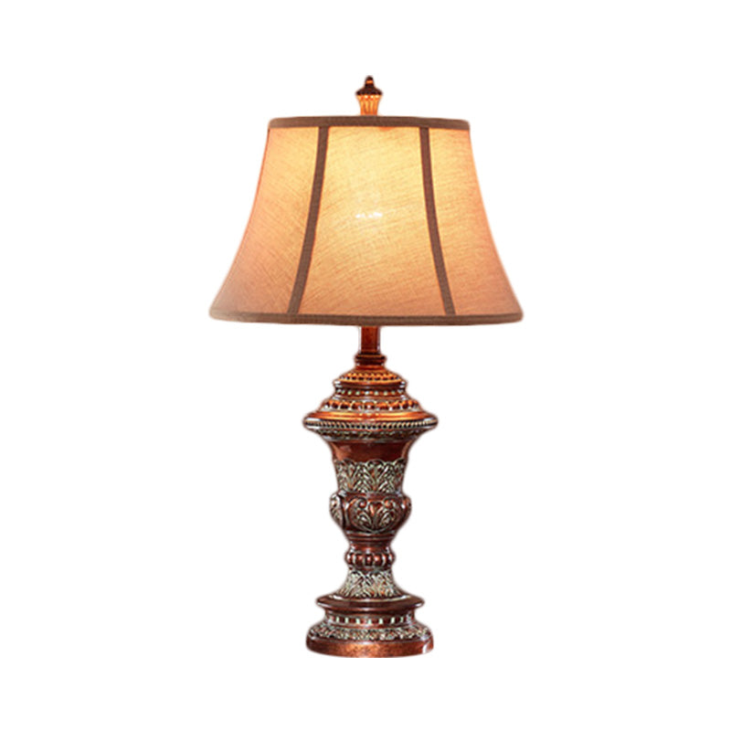 Vintage Style Bell Shade Nightstand Lamp 1 Bulb Fabric Desk Light in Red Brown with Urn-Shaped Base, 25"/29.5" H Clearhalo 'Lamps' 'Table Lamps' Lighting' 1221696