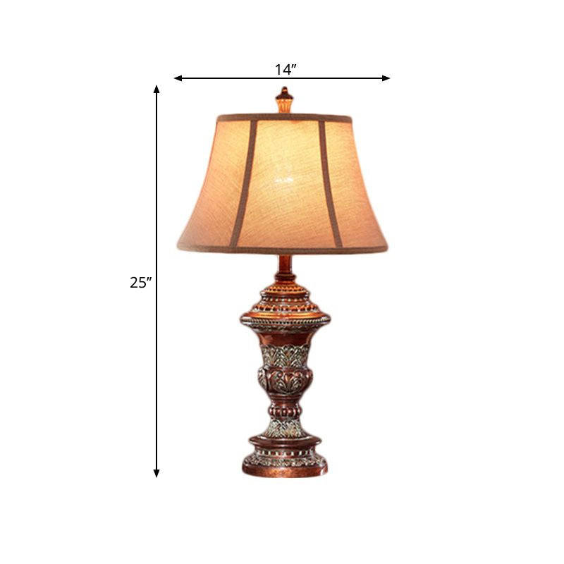 Vintage Style Bell Shade Nightstand Lamp 1 Bulb Fabric Desk Light in Red Brown with Urn-Shaped Base, 25"/29.5" H Clearhalo 'Lamps' 'Table Lamps' Lighting' 1221697