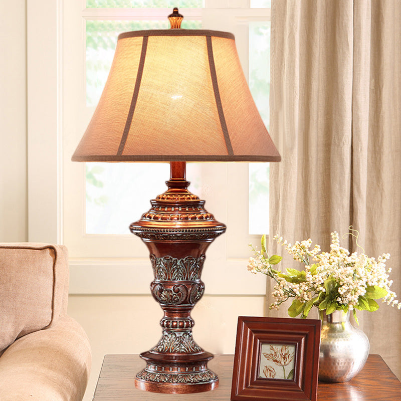 Vintage Style Bell Shade Nightstand Lamp 1 Bulb Fabric Desk Light in Red Brown with Urn-Shaped Base, 25"/29.5" H Red Brown 29.5" Clearhalo 'Lamps' 'Table Lamps' Lighting' 1221698