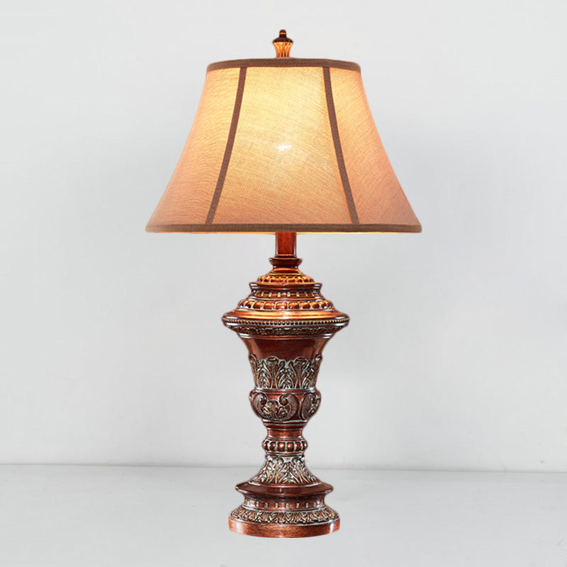 Vintage Style Bell Shade Nightstand Lamp 1 Bulb Fabric Desk Light in Red Brown with Urn-Shaped Base, 25"/29.5" H Clearhalo 'Lamps' 'Table Lamps' Lighting' 1221699
