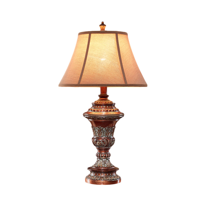 Vintage Style Bell Shade Nightstand Lamp 1 Bulb Fabric Desk Light in Red Brown with Urn-Shaped Base, 25"/29.5" H Clearhalo 'Lamps' 'Table Lamps' Lighting' 1221701