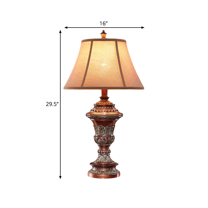 Vintage Style Bell Shade Nightstand Lamp 1 Bulb Fabric Desk Light in Red Brown with Urn-Shaped Base, 25"/29.5" H Clearhalo 'Lamps' 'Table Lamps' Lighting' 1221702