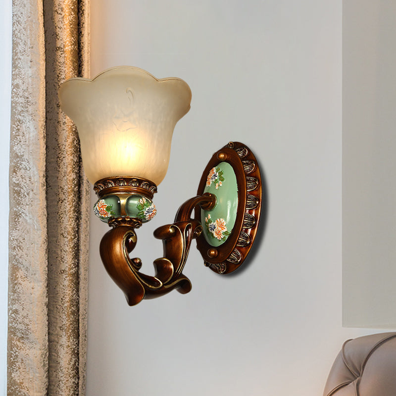 1 Head Opal Glass Sconce Light Fixture Traditional Brown Floral Shaped Corridor Wall Mounted Lighting Brown Clearhalo 'Wall Lamps & Sconces' 'Wall Lights' Lighting' 1221711