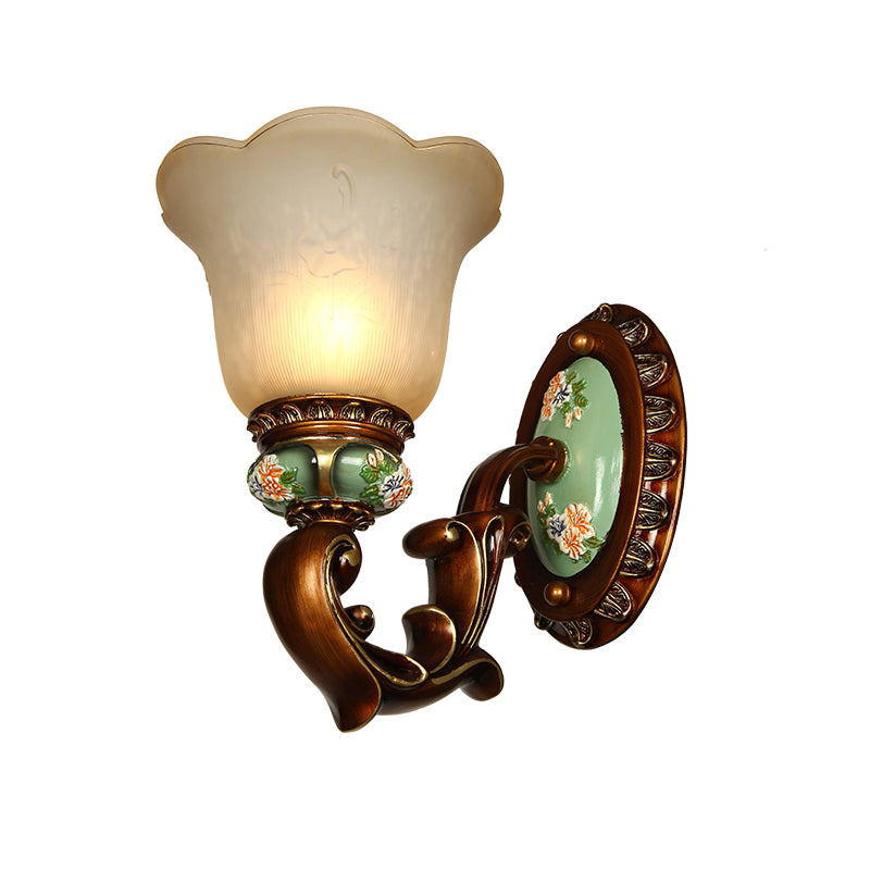 1 Head Opal Glass Sconce Light Fixture Traditional Brown Floral Shaped Corridor Wall Mounted Lighting Clearhalo 'Wall Lamps & Sconces' 'Wall Lights' Lighting' 1221713