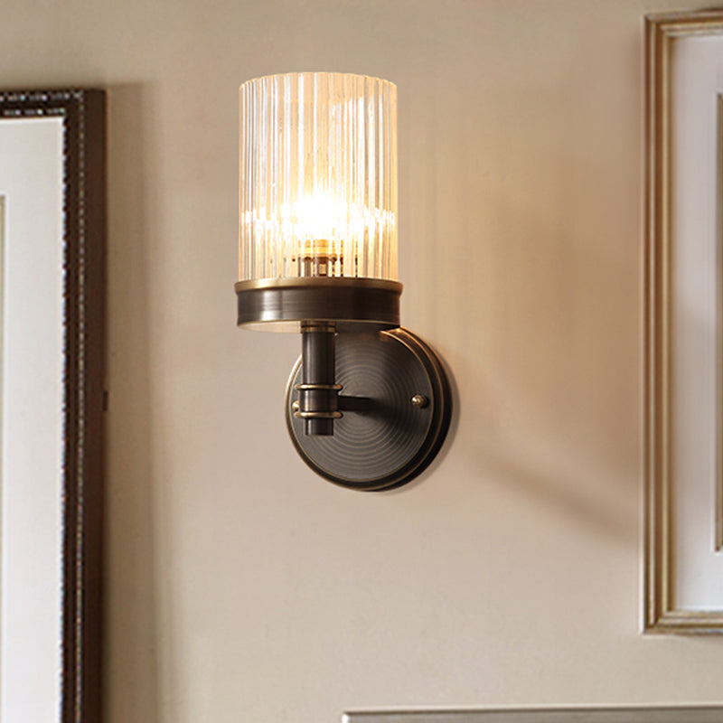 1-Bulb Clear Glass Wall Sconce Lighting Antiqued Style Black Cylindrical Shade Bedroom Wall Light Fixture Black Clearhalo 'Wall Lamps & Sconces' 'Wall Lights' Lighting' 1221906