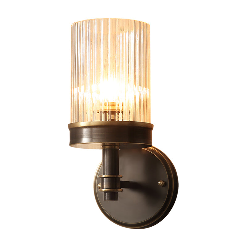 1-Bulb Clear Glass Wall Sconce Lighting Antiqued Style Black Cylindrical Shade Bedroom Wall Light Fixture Clearhalo 'Wall Lamps & Sconces' 'Wall Lights' Lighting' 1221907