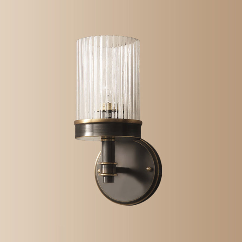 1-Bulb Clear Glass Wall Sconce Lighting Antiqued Style Black Cylindrical Shade Bedroom Wall Light Fixture Clearhalo 'Wall Lamps & Sconces' 'Wall Lights' Lighting' 1221908