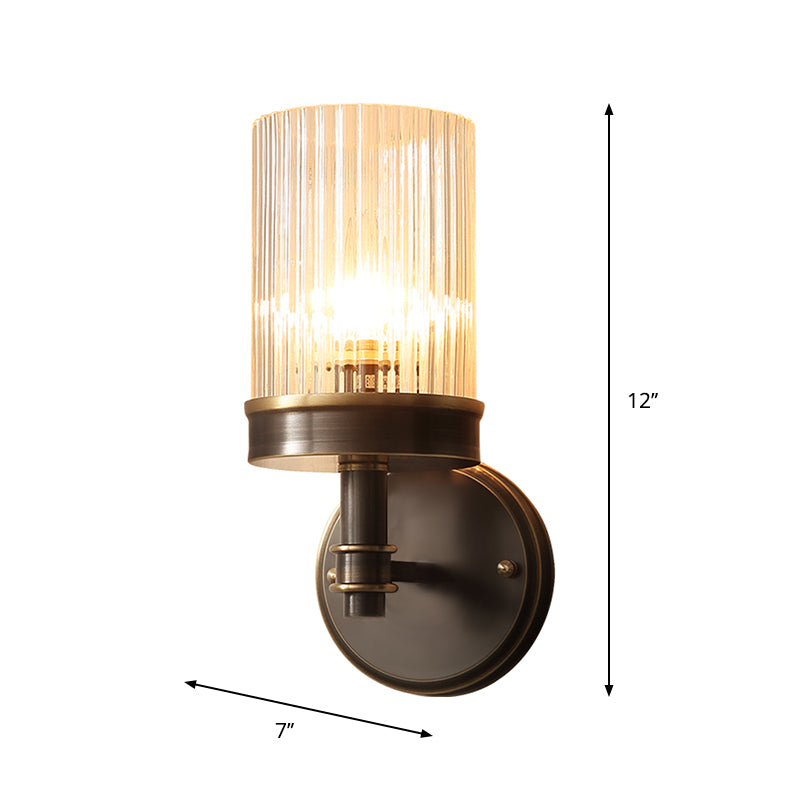 1-Bulb Clear Glass Wall Sconce Lighting Antiqued Style Black Cylindrical Shade Bedroom Wall Light Fixture Clearhalo 'Wall Lamps & Sconces' 'Wall Lights' Lighting' 1221909