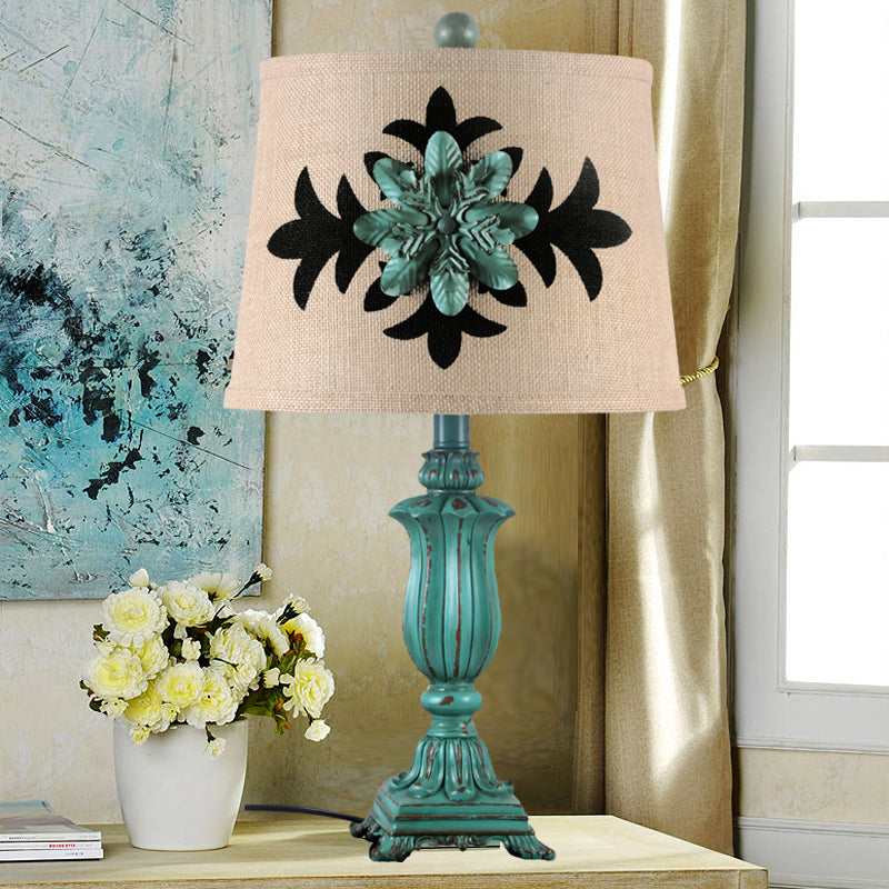 21"/30" H Barrel Shaped Desk Light Vintage Style 1 Bulb Fabric Night Table Lamp in Blue for Guest Room Clearhalo 'Lamps' 'Table Lamps' Lighting' 1222166