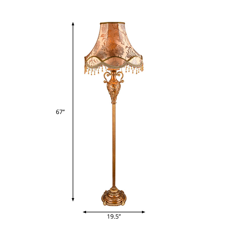 1-Bulb Floor Standing Lamp Rural Style Tapered Shade Fabric Floor Light in Gold with Cascading Design Clearhalo 'Floor Lamps' 'Lamps' Lighting' 1222568