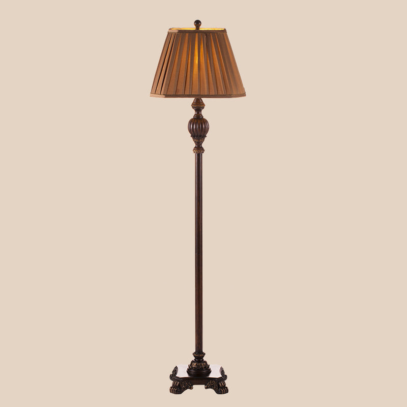 Antique Style Pleated Conical Shade Floor Lamp 1 Light Fabric Floor Light in Brown with Urn-Shaped Base Clearhalo 'Floor Lamps' 'Lamps' Lighting' 1222655