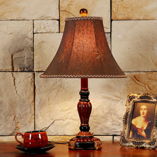 Red Brown 1-Bulb Desk Light Rural Style Fabric Bell Shade Table Lamp with Dragonfly Pattern Red Brown Clearhalo 'Lamps' 'Table Lamps' Lighting' 1222877