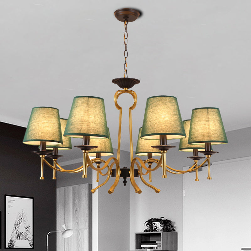 Blackish Green/Flaxen 6/8 Lights Chandelier Retro Fabric Conical Shade Close to Ceiling Lamp with Curvy Metal Arm 8 Blackish Green Clearhalo 'Ceiling Lights' 'Chandeliers' Lighting' options 1222925_cd4e3832-b82d-4799-950e-4c50b2b14af3