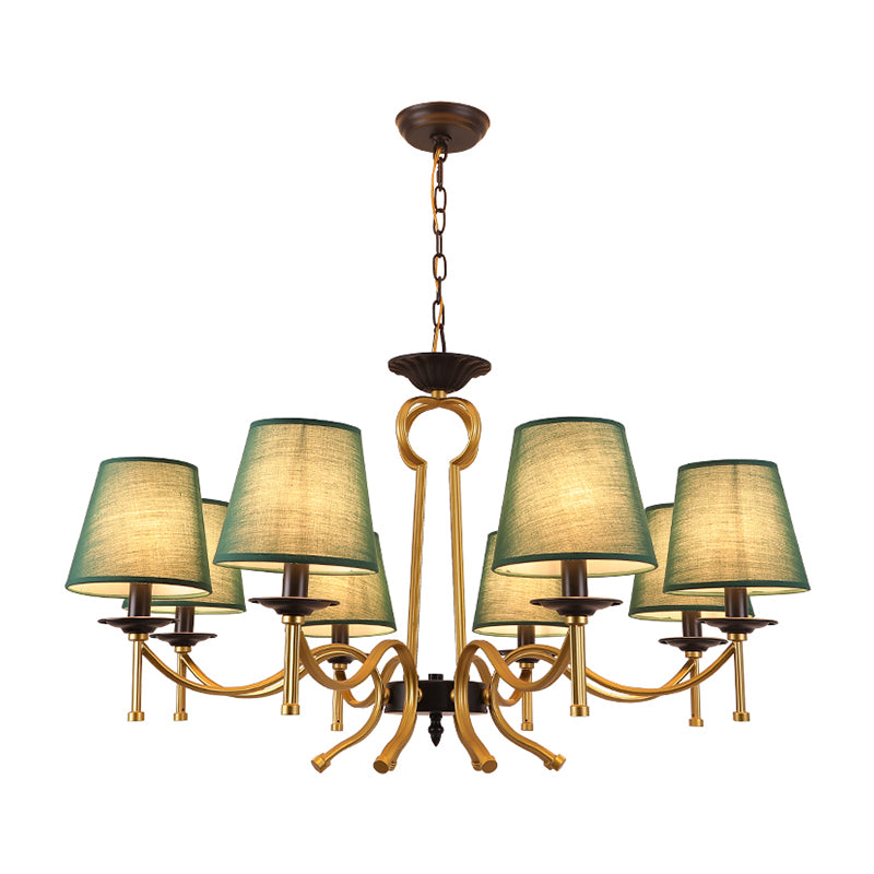 Blackish Green/Flaxen 6/8 Lights Chandelier Retro Fabric Conical Shade Close to Ceiling Lamp with Curvy Metal Arm Clearhalo 'Ceiling Lights' 'Chandeliers' Lighting' options 1222927